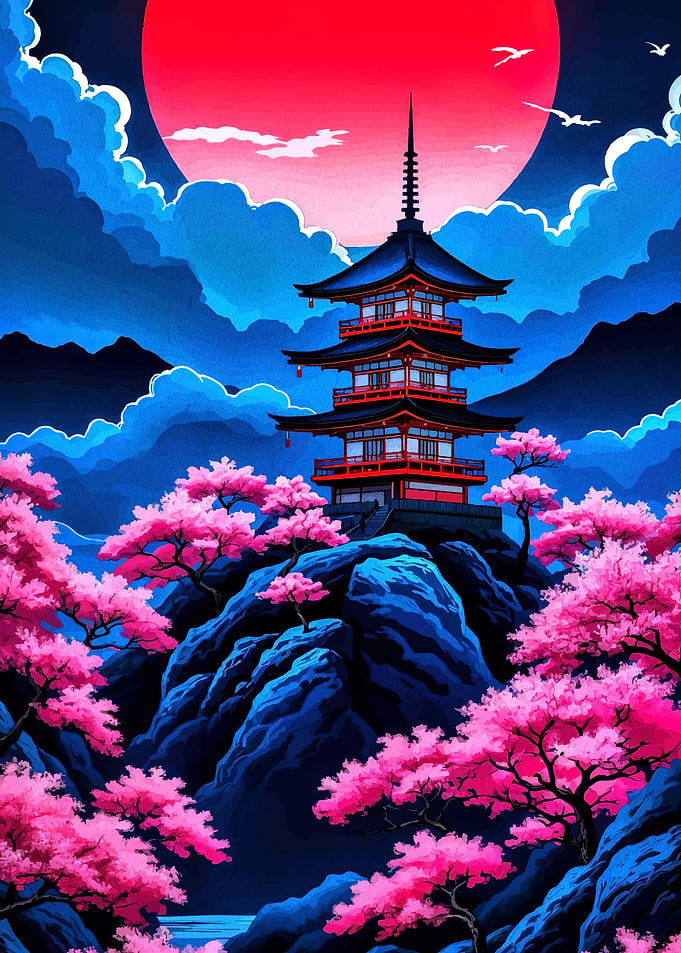 Japanese Pagoda with Cherry Blossoms