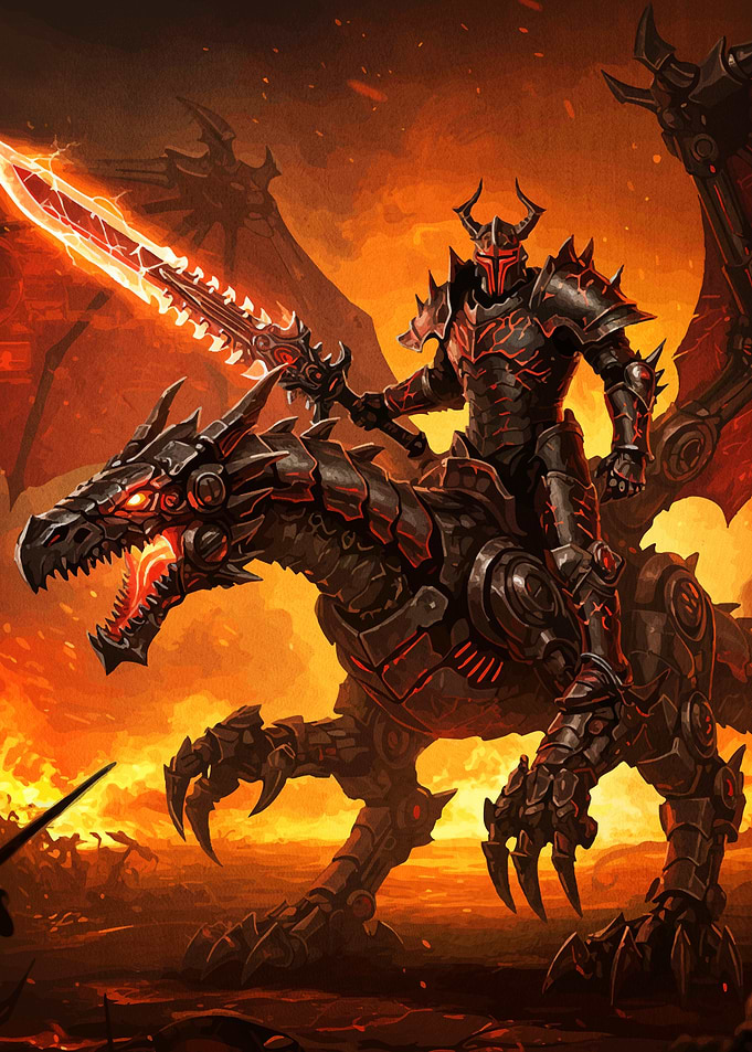 Knight Mechanical Dragon Fiery Landscape
