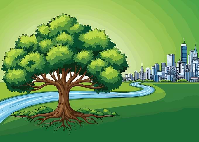 Cartoon Tree with Cityscape Background