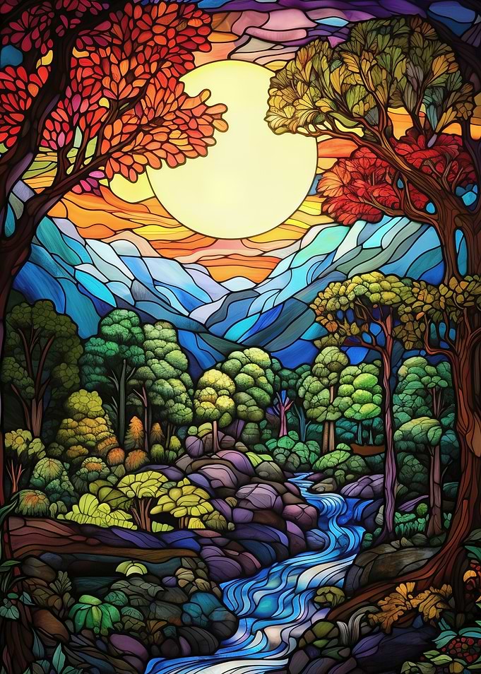 Stained Glass Landscape with River