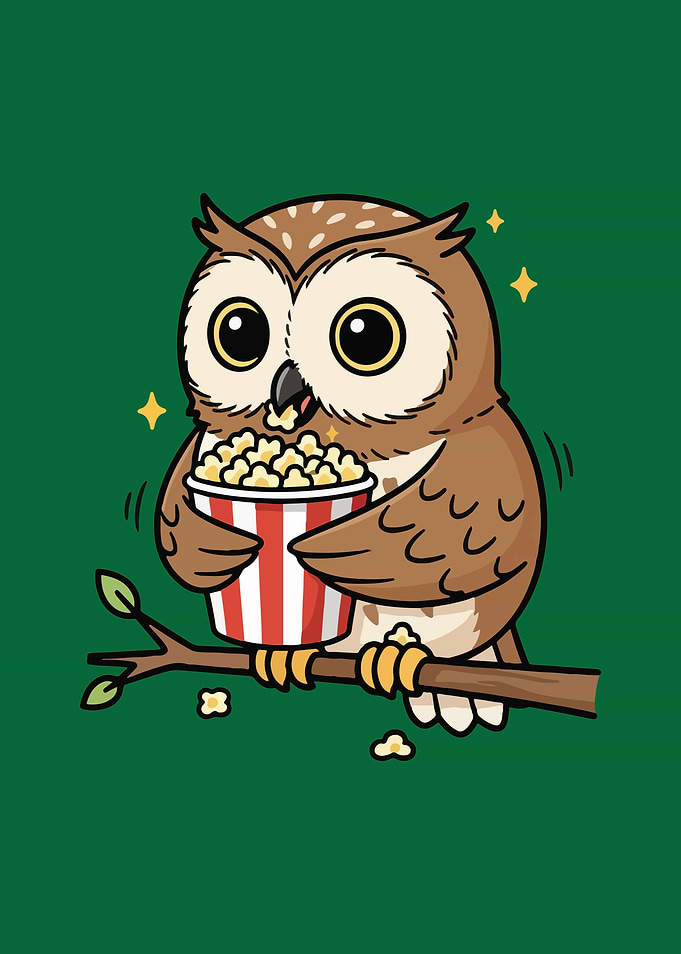 Cartoon Owl Eating Popcorn on Branch