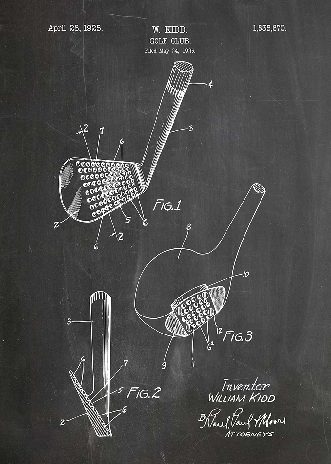 Golf Club Patent Drawing on Chalkboard