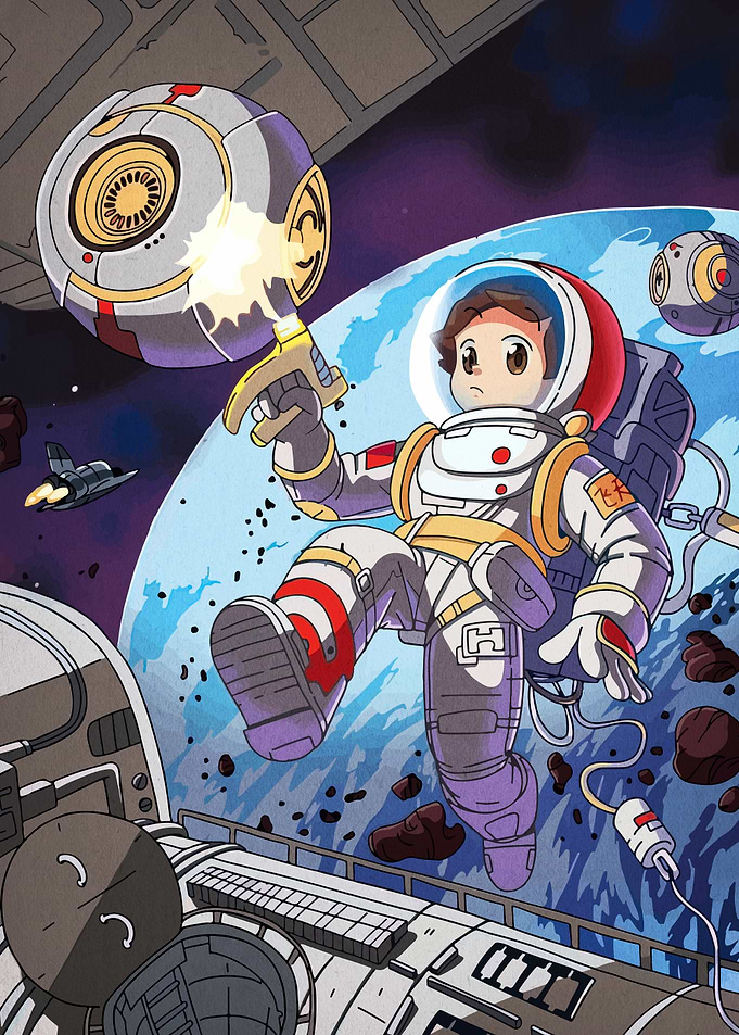 Cartoon Astronaut in Space Action Scene