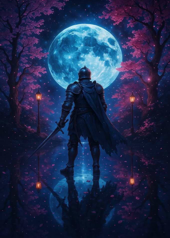 Knight under the moonlit cherry trees