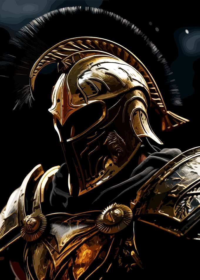 Golden Warrior in Helmet and Armor