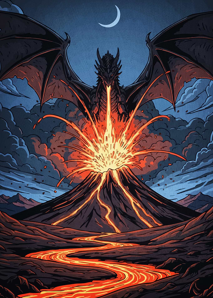 Dragon and Volcano Eruption