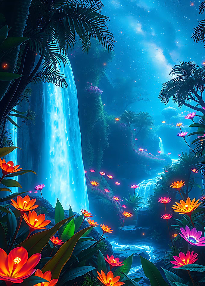 Luminous Waterfall and Flowers Landscape