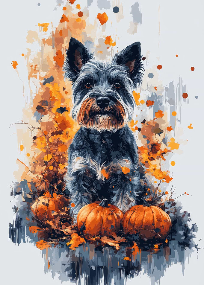 Miniature Schnauzer with Pumpkins Watercolor Art | Autumn Dog Portrait