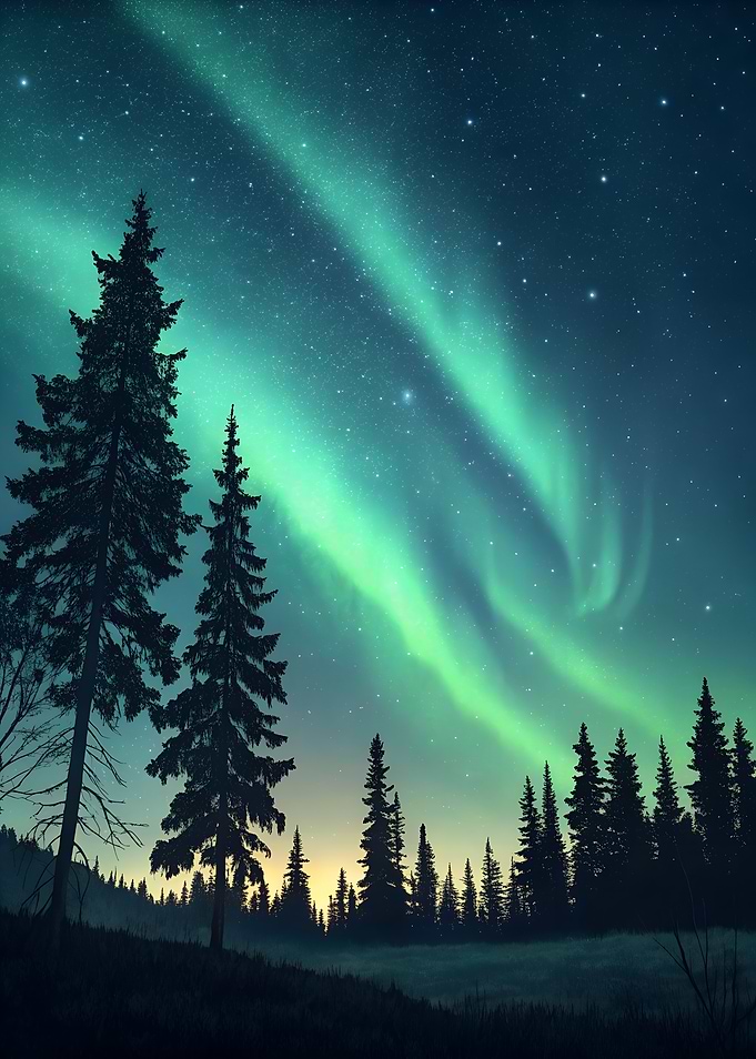 Aurora Borealis over Forest Landscape