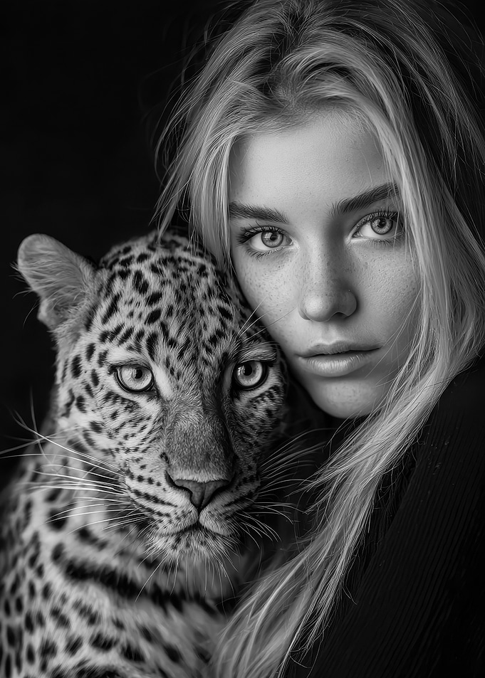 Monochrome Portrait: Woman and Leopard