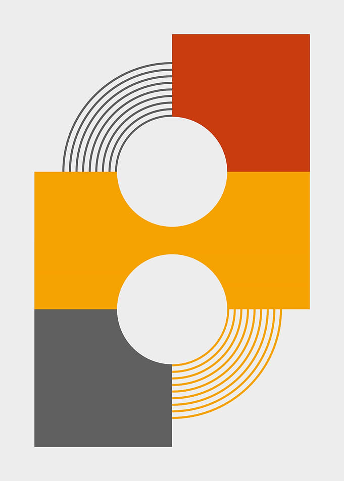 Bauhaus Geometric Design with Red Black Orange Circles and Squares
