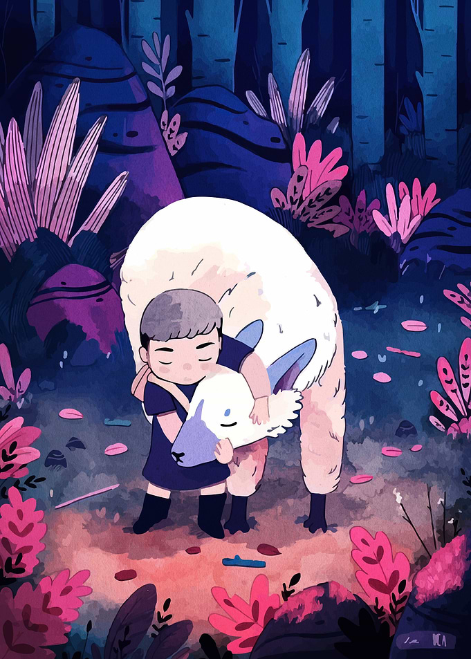Boy Hugging Sheep in Forest Illustration