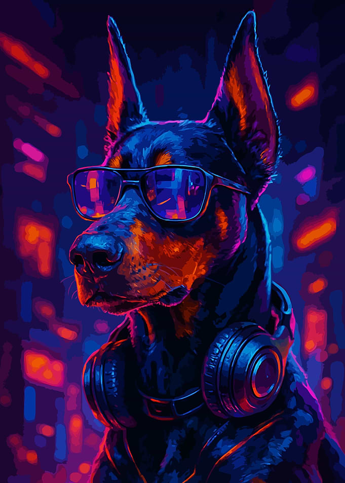 Cool Doberman with Headphones and Glasses
