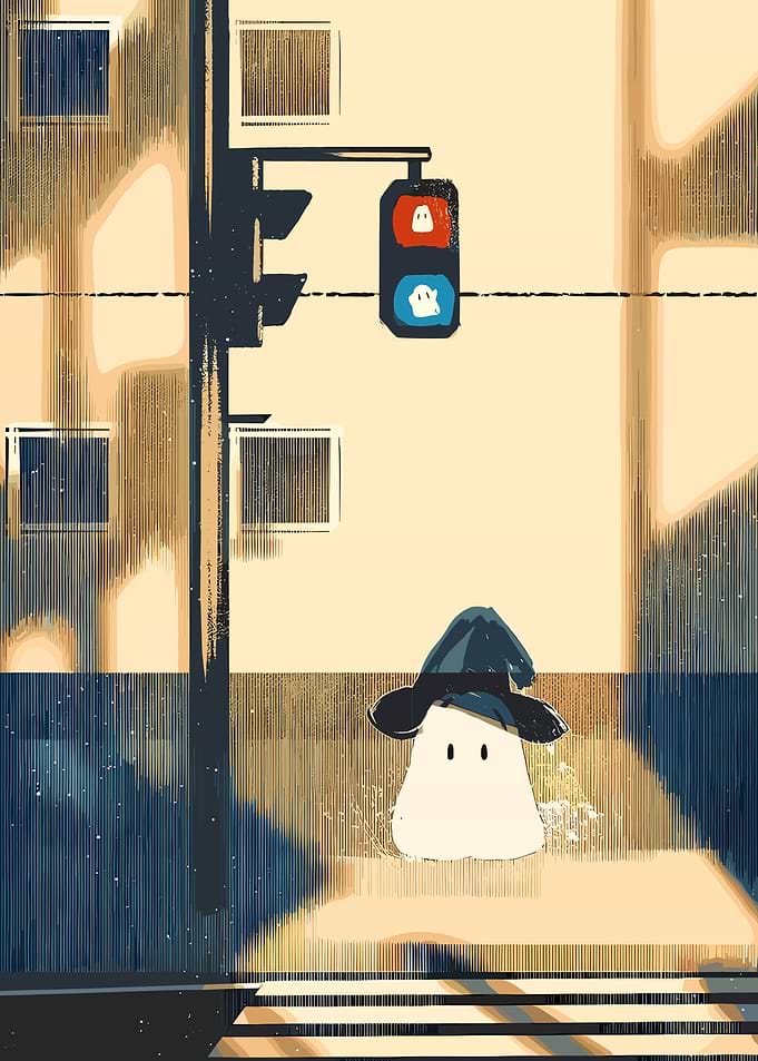 Ghostly Figure at City Street Crossing