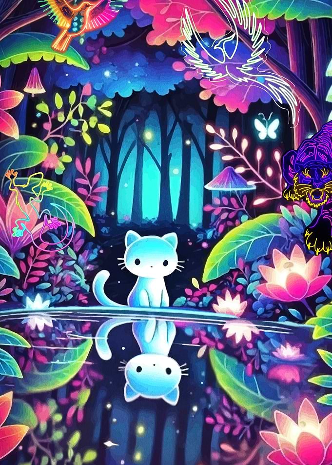 Neon Forest Cat Reflection