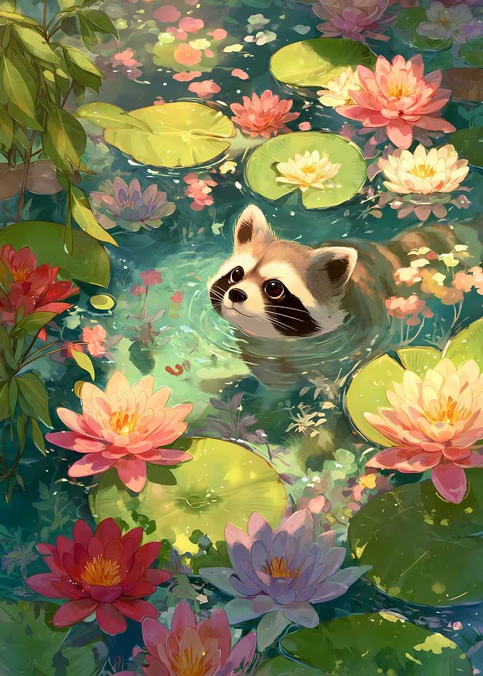 Raccoon in Lily Pond