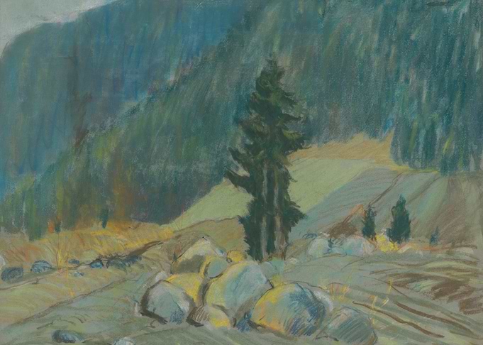 Pastel Landscape with Mountain and Trees