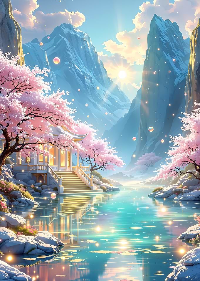 Serene Fantasy Landscape with Cherry Blossoms