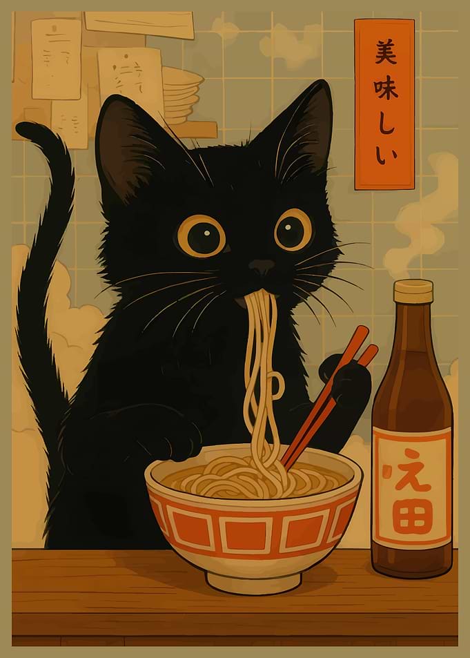 Black Cat Eating Ramen