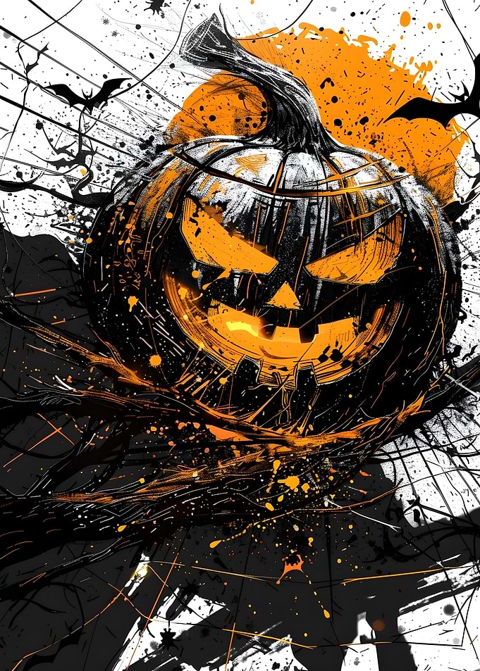 Halloween Pumpkin with Bats and Splatters