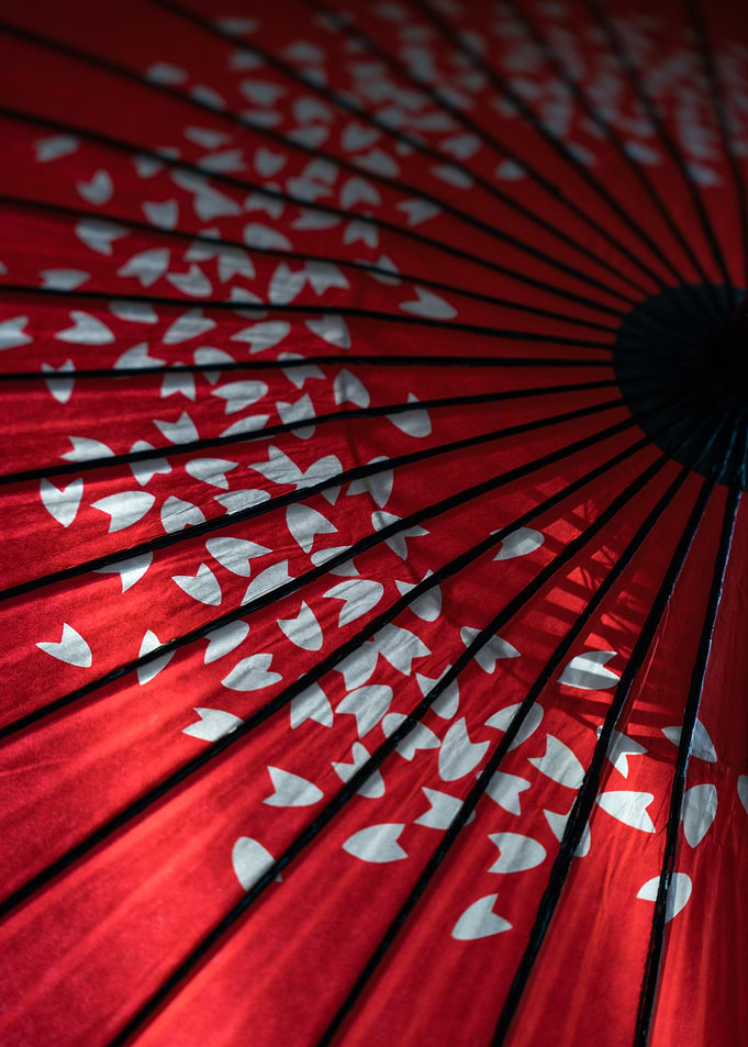 Red Umbrella with White Floral Pattern