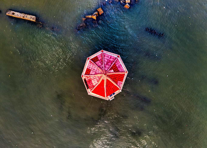 Aerial View of Octagonal Structure in Water