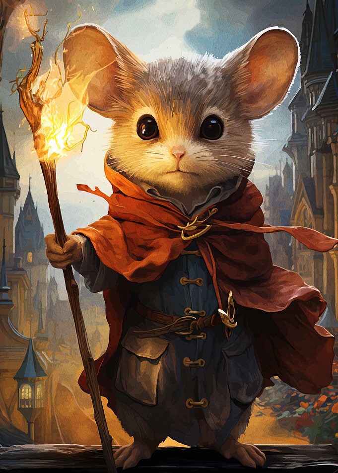 Mouse Wizard in Fantasy Cityscape