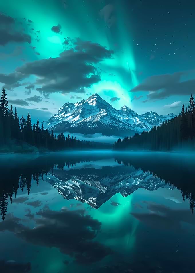 Aurora Borealis over Mountain Lake Reflection