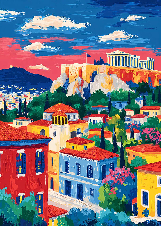 Athens cityscape painting with Acropolis view