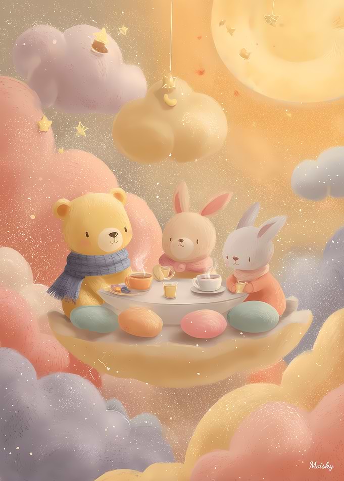 Whimsical Tea Party – Dreamy Pastel Illustration with Bear and Bunnies