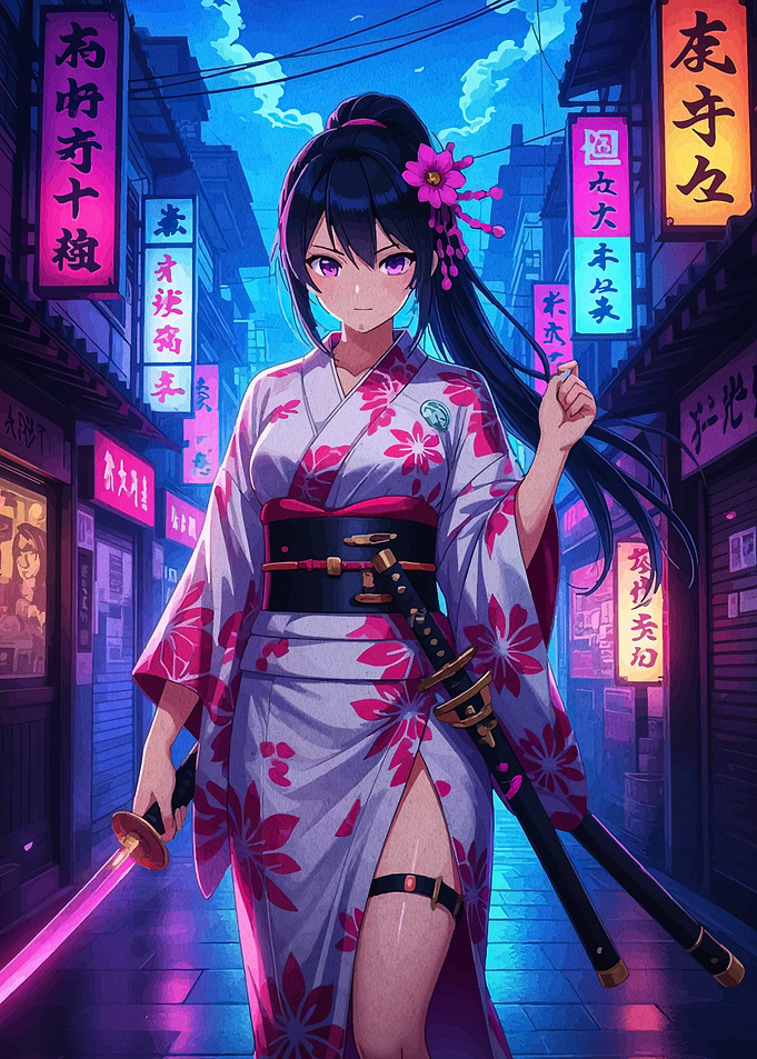 Anime Girl with Katana in Cityscape