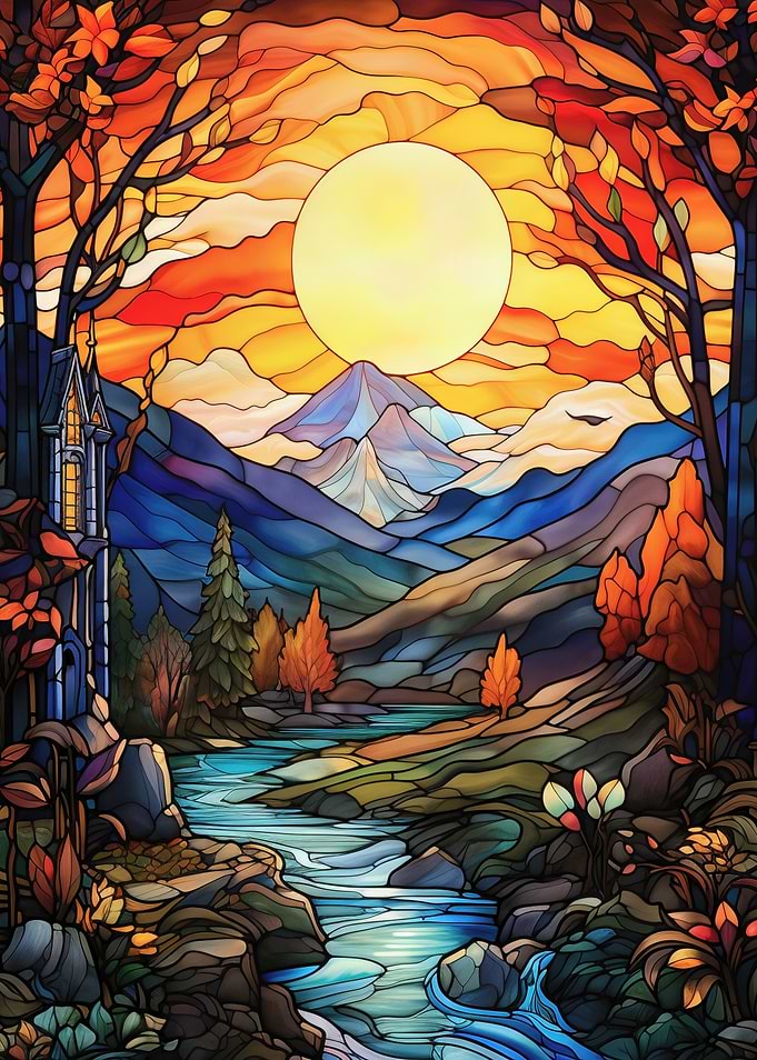 Stained Glass Autumn Landscape with River