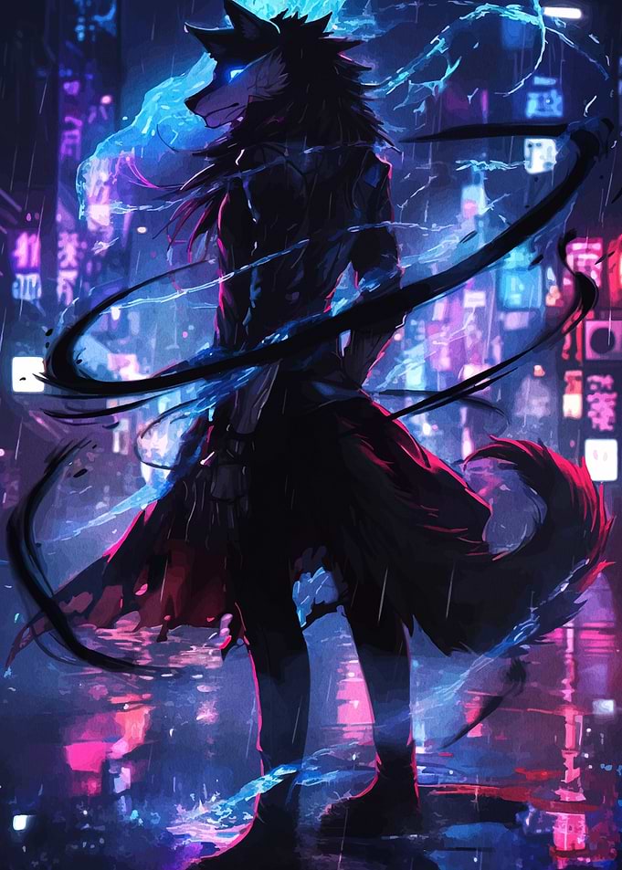 Cyberpunk Furry Character in Rainy City