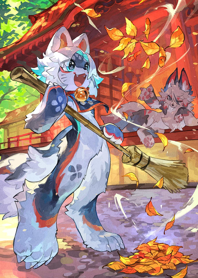 Anthropomorphic Wolf Sweeping Autumn Leaves