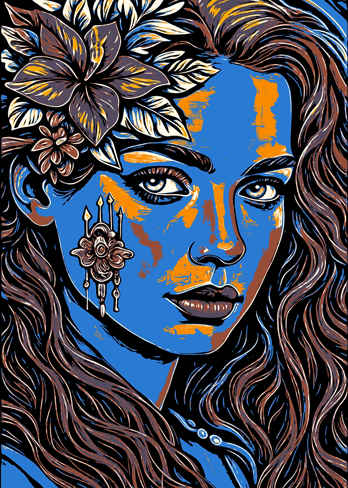 Blue Woman Portrait with Floral Adornments