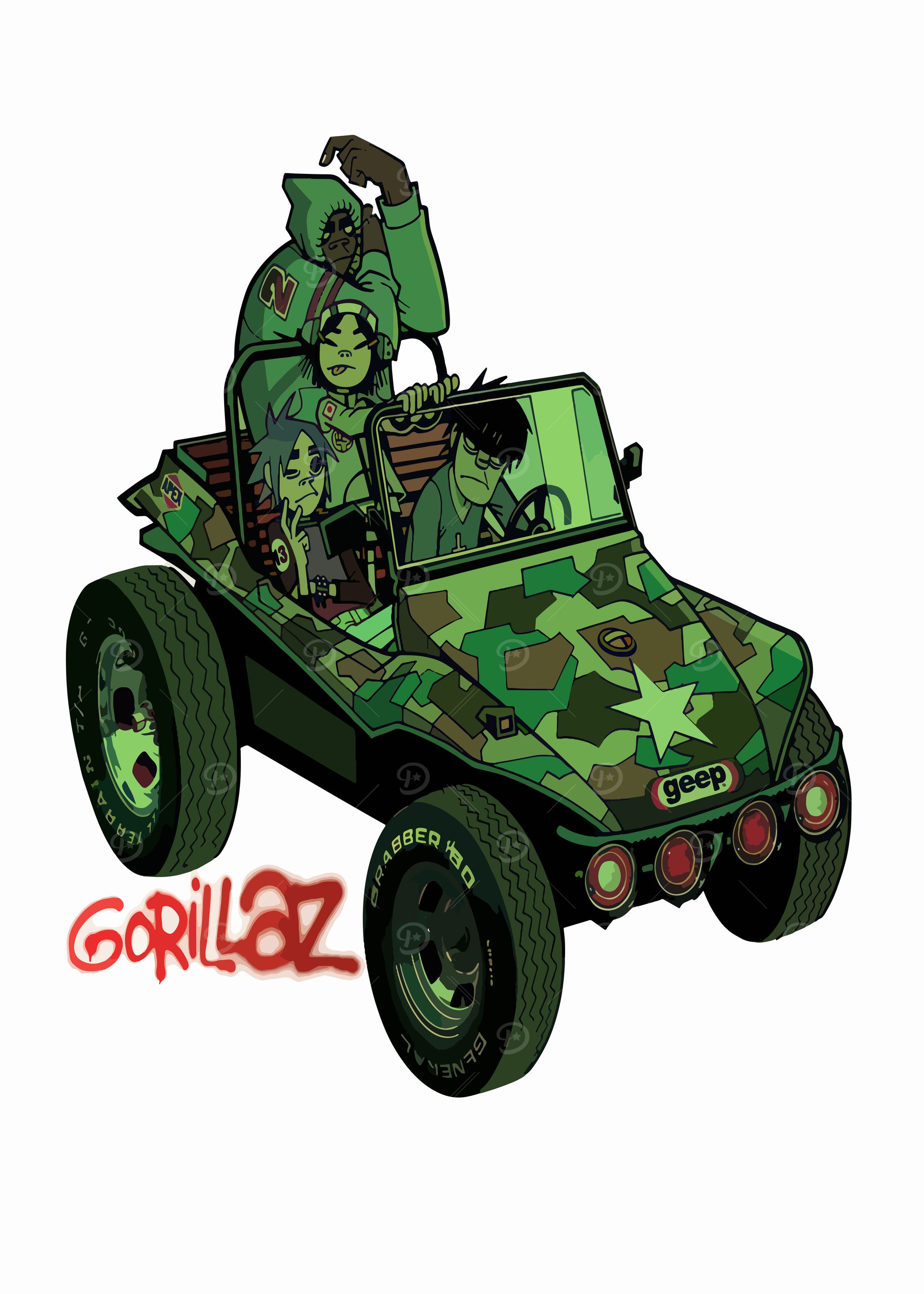 Gorillaz band in a camouflage car