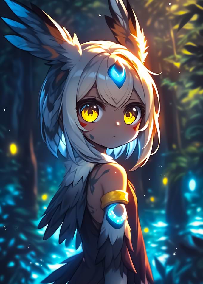 Anime Girl with Owl Features in Forest