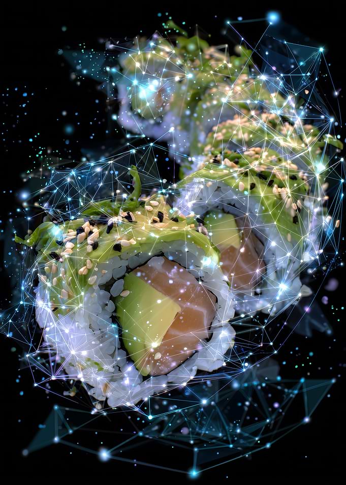 Sushi rolls with digital network overlay