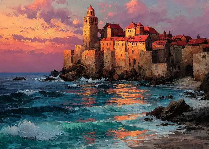 Coastal Town Painting at Sunset