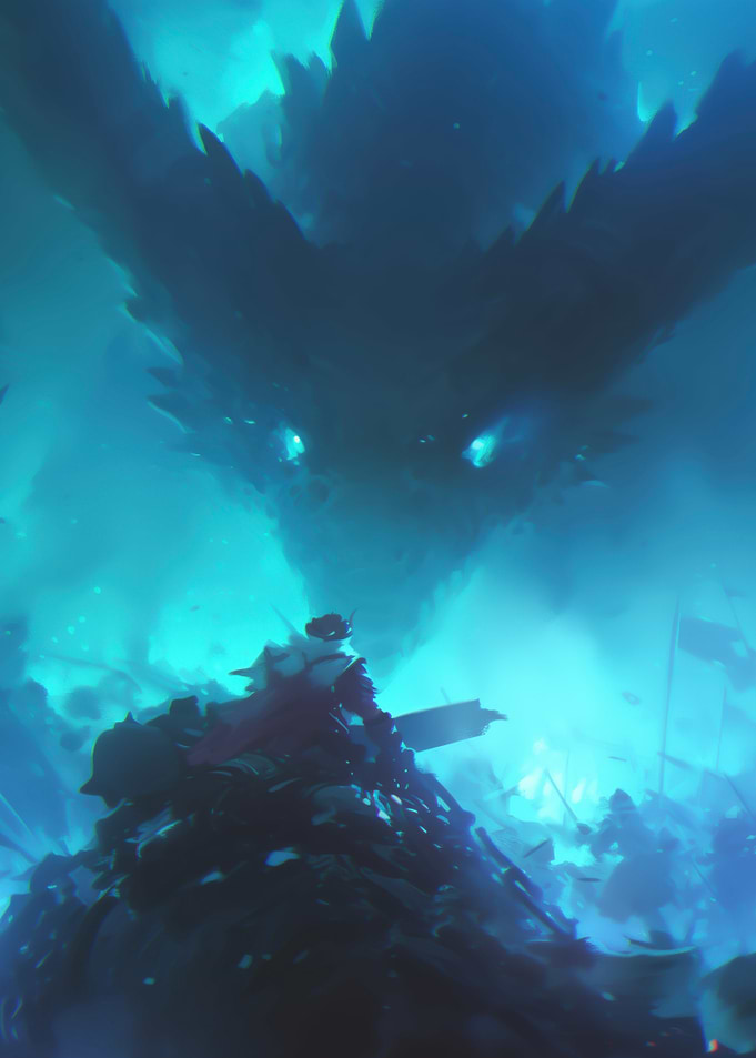 Knight facing a colossal dragon