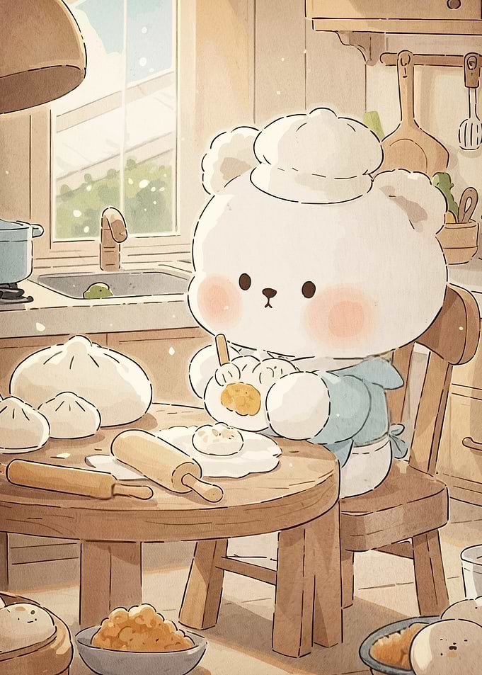 Bear Chef Baking Dumplings