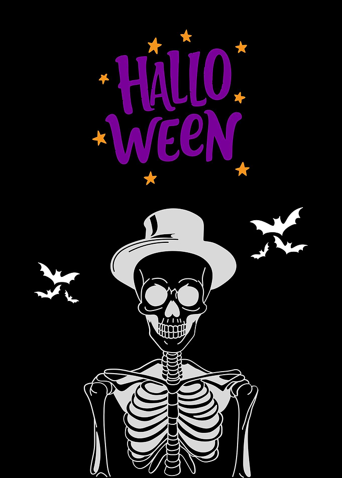 Halloween Skeleton with Hat and Bats