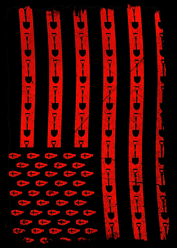 American Flag with Shovels and Coffins