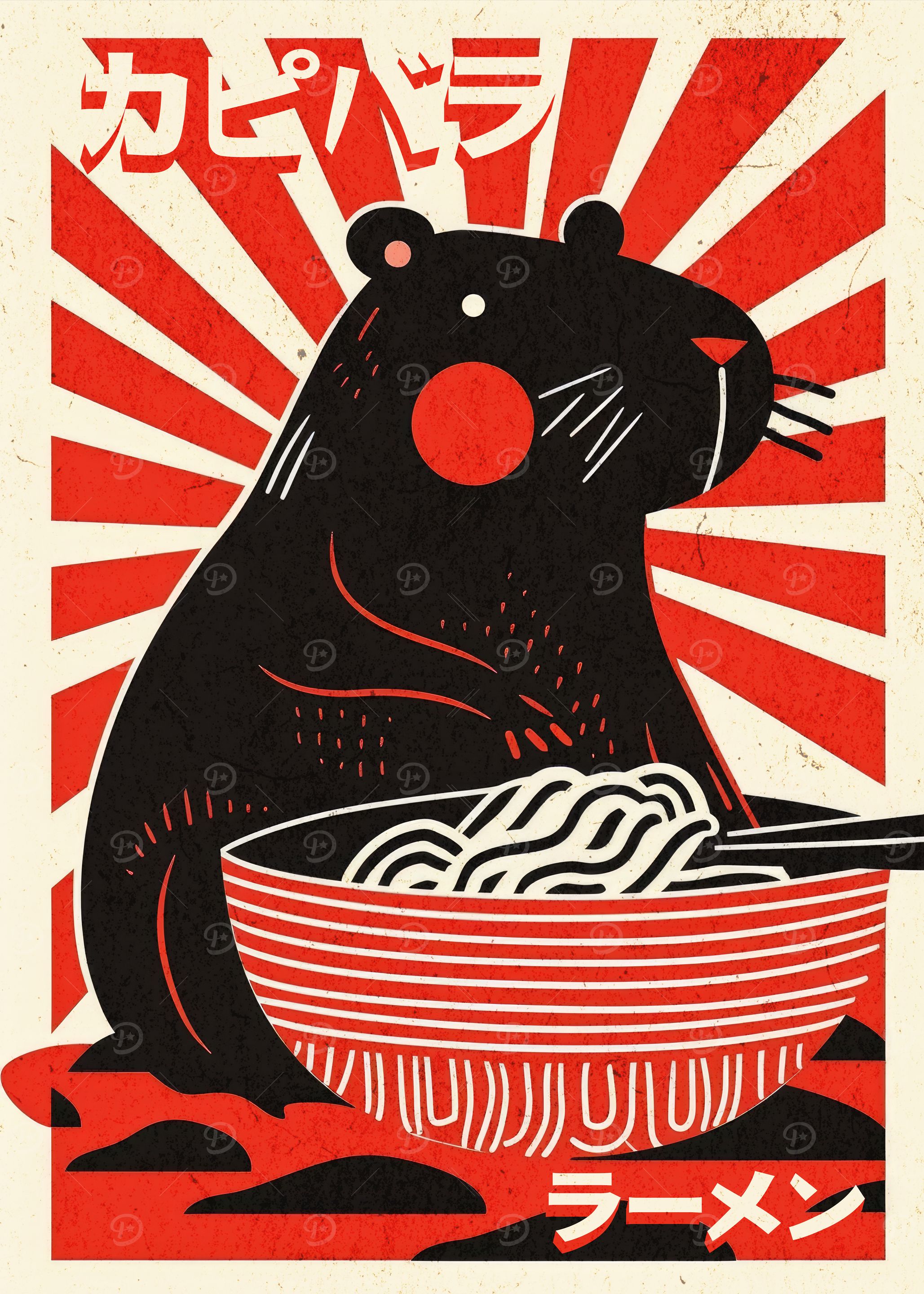 Capybara Ramen Japanese Woodblock Retro Art Print