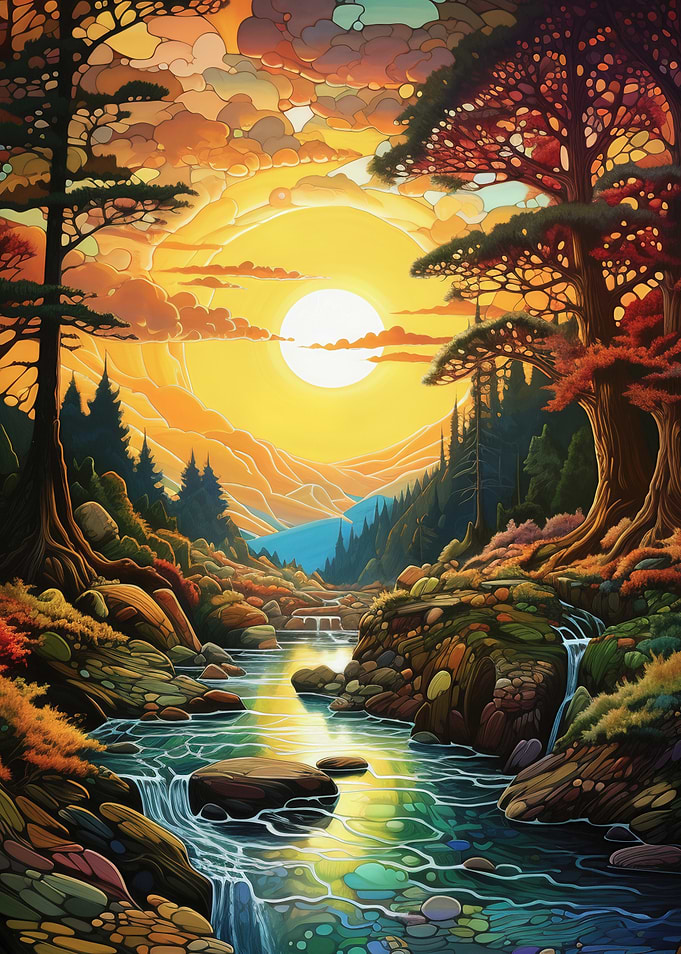 Pixelated Sunset River Landscape