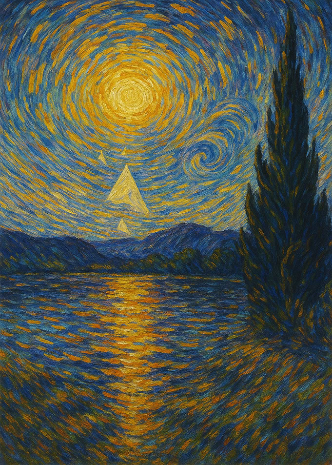 Celestial Reflections – AI Surreal Night Sky in Van Gogh Style
