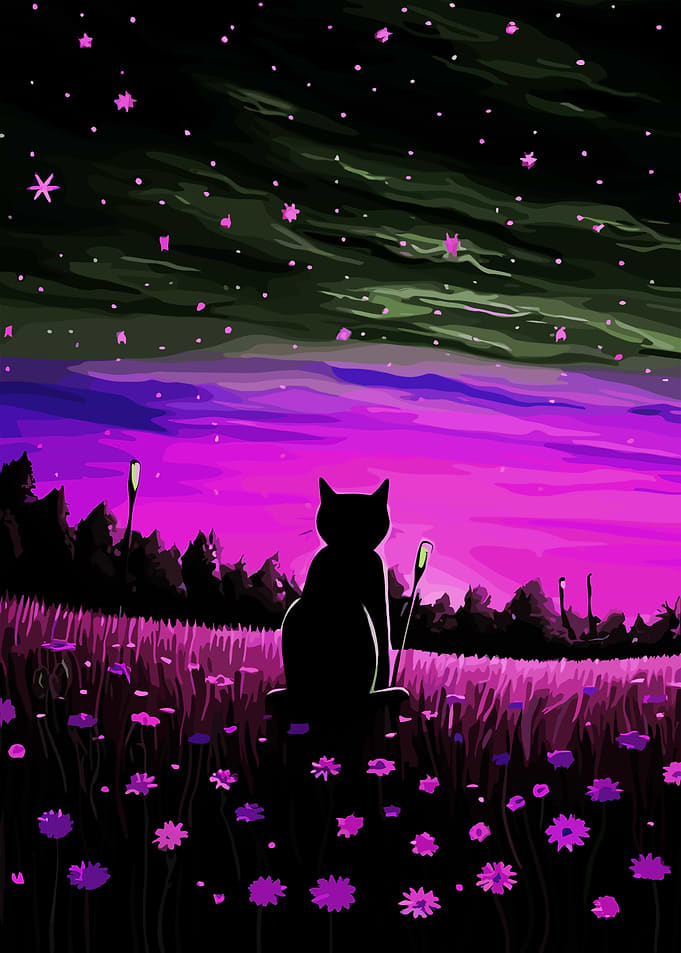 Silhouette Cat in Floral Field at Night