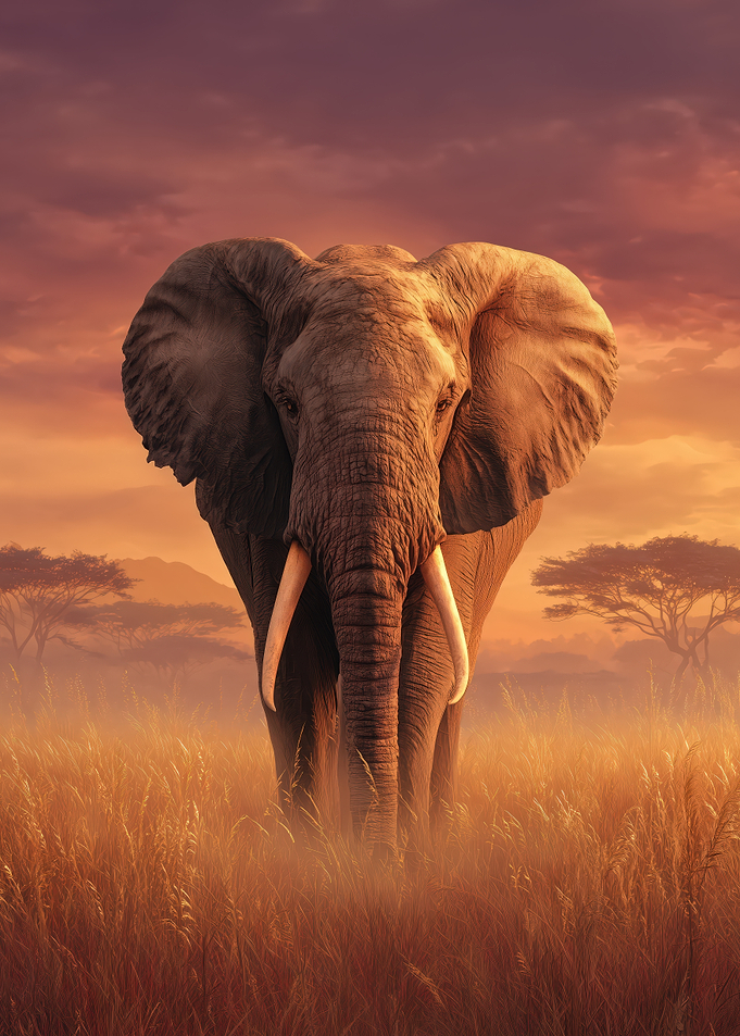 Elephant in Savannah at Sunset