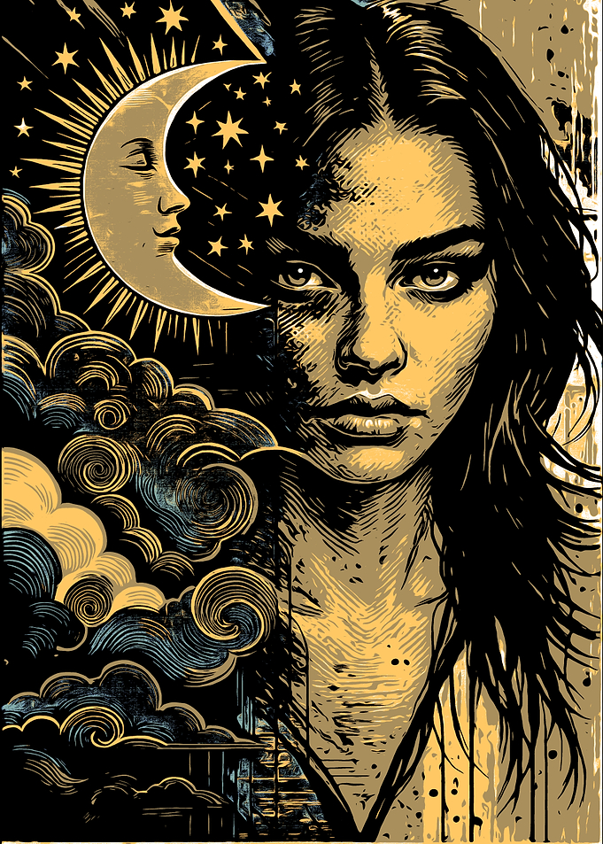Woman, Moon, and Stars Illustration