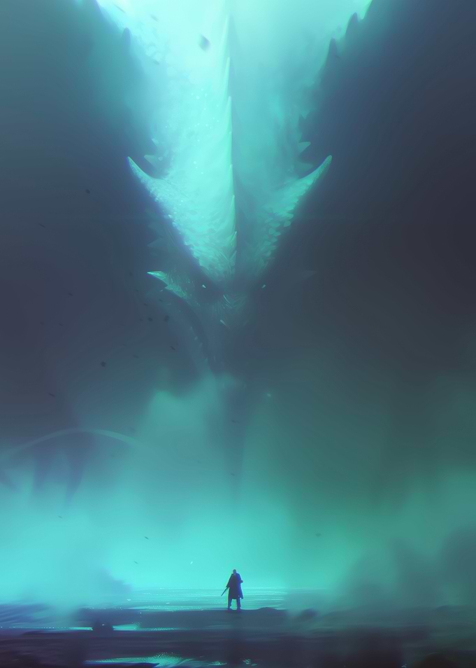 Warrior facing colossal dragon in mist